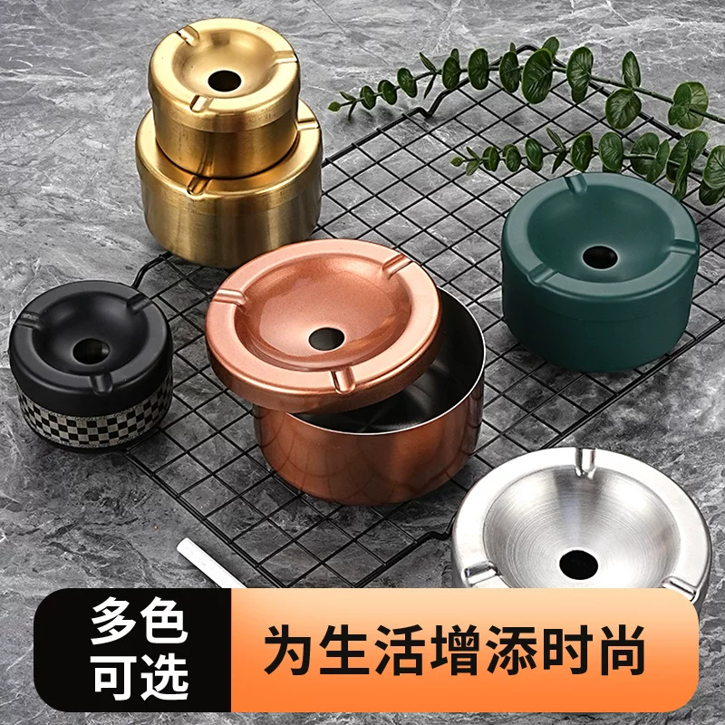 Stainless steel ashtray with lid, high-end and thickened, creative and simple for home, hotel and bar use, cross-border wholesale