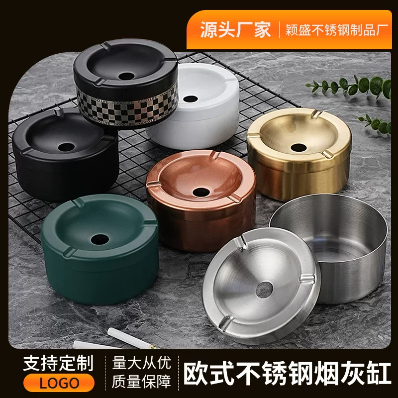 Stainless steel ashtray with lid, high-end and thickened, creative and simple for home, hotel and bar use, cross-border wholesale