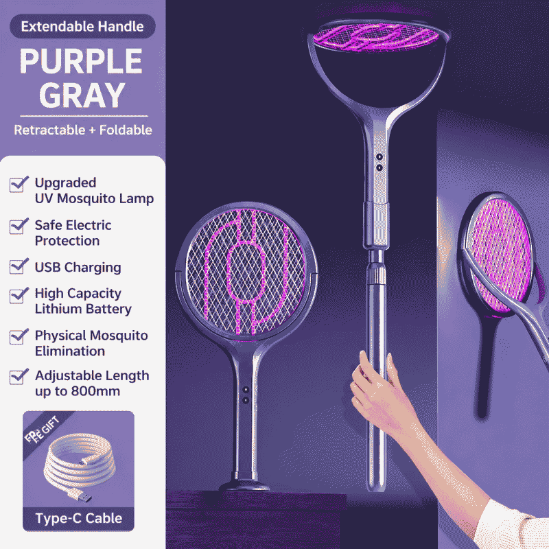 The new foldable and extendable electric mosquito swatter, USB-charged and suitable for home use, comes with an optional mosquito-killing gadget