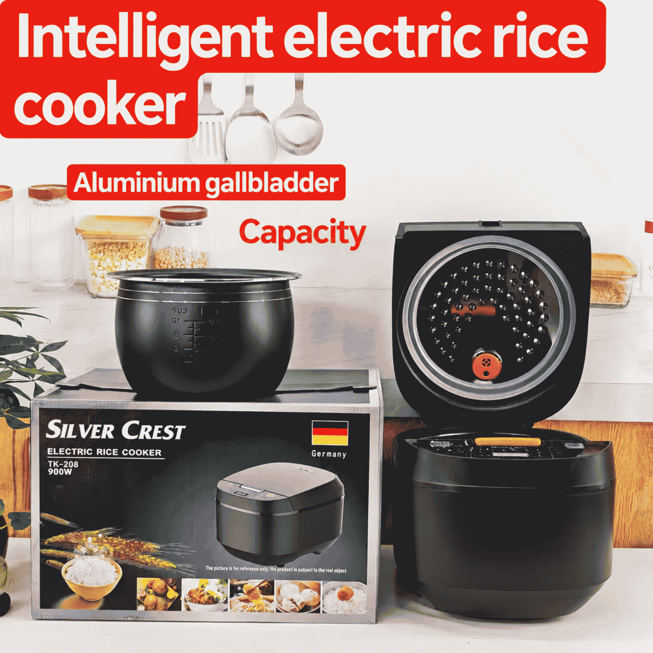 Rice cooker, 5L capacity, smart timer, household use, non-stick pan