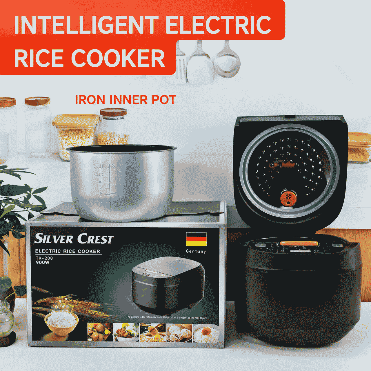 Rice cooker, 5L capacity, smart timer, household use, non-stick pan
