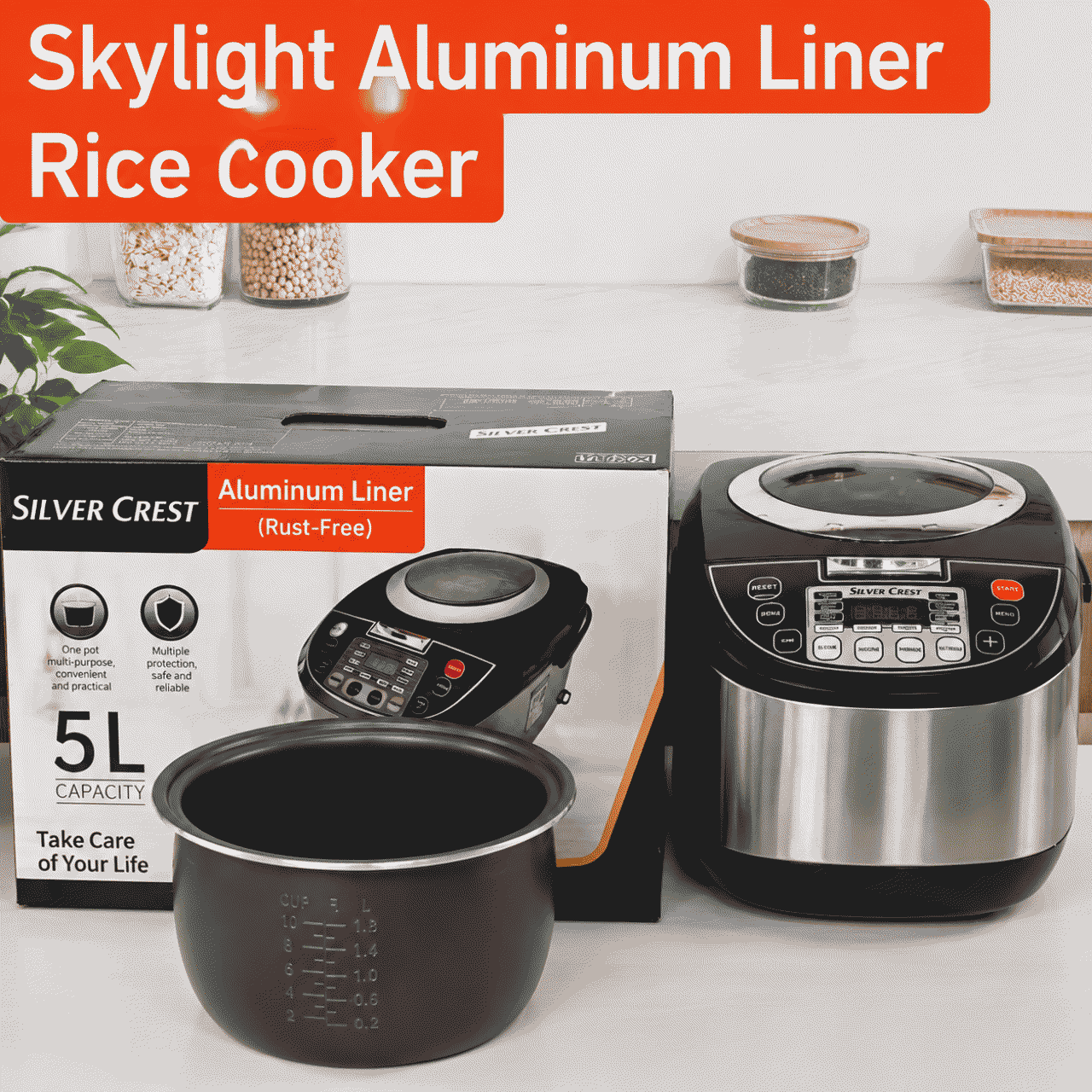 Rice cooker, 5L capacity, smart timer, household use, non-stick pan