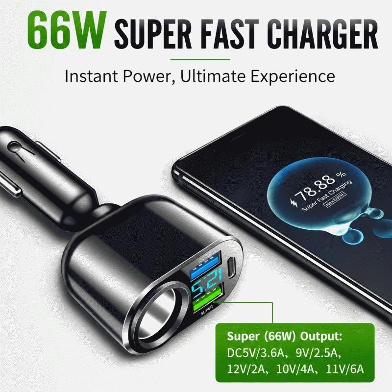 New digital display cigarette lighter 66W PD30W fast charging head, one-to-four car charger, multi-function car charger
