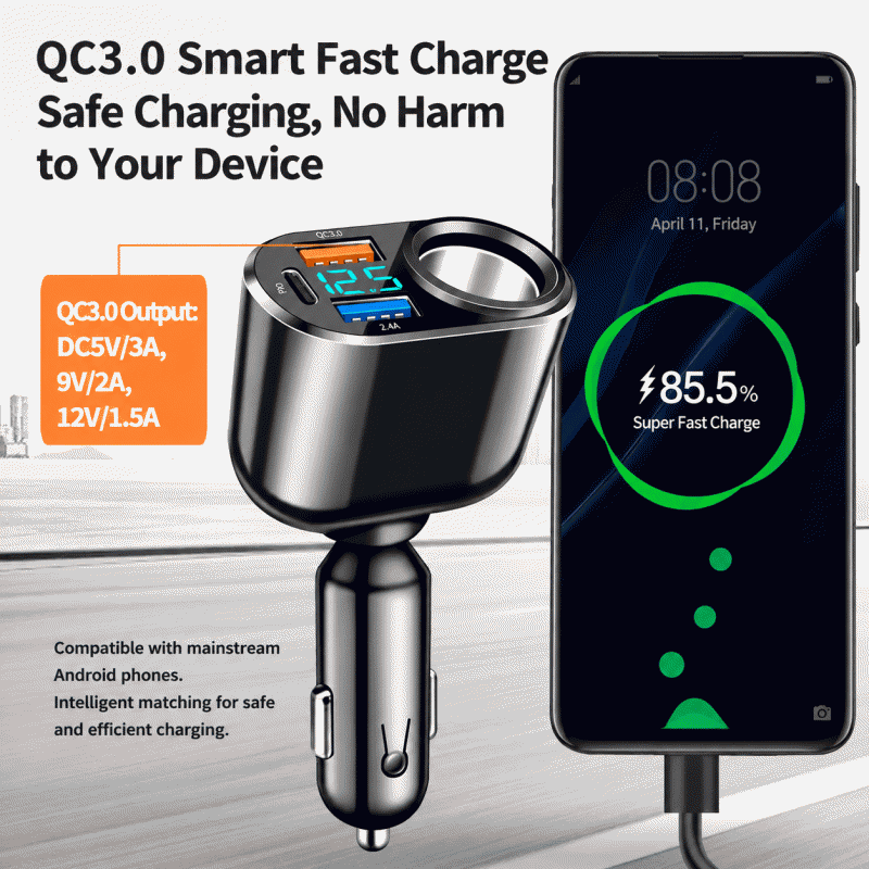 New digital display cigarette lighter 66W PD30W fast charging head, one-to-four car charger, multi-function car charger