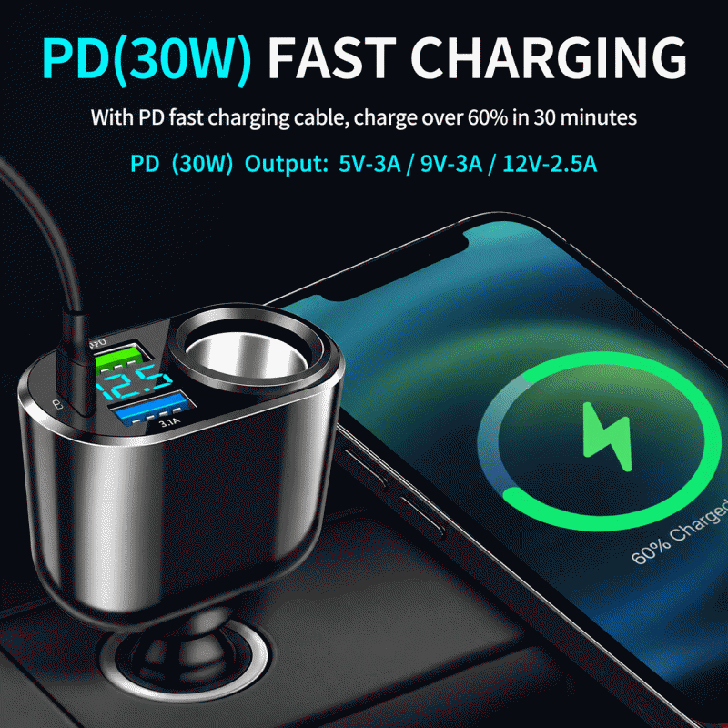 New digital display cigarette lighter 66W PD30W fast charging head, one-to-four car charger, multi-function car charger