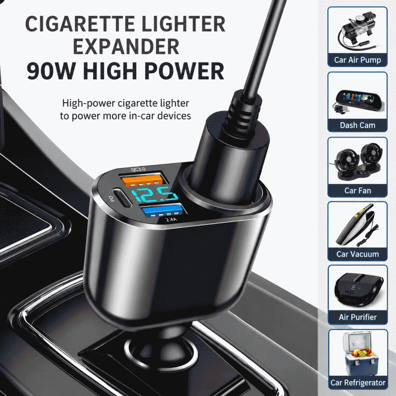New digital display cigarette lighter 66W PD30W fast charging head, one-to-four car charger, multi-function car charger