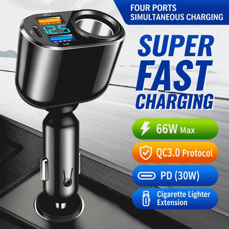 New digital display cigarette lighter 66W PD30W fast charging head, one-to-four car charger, multi-function car charger