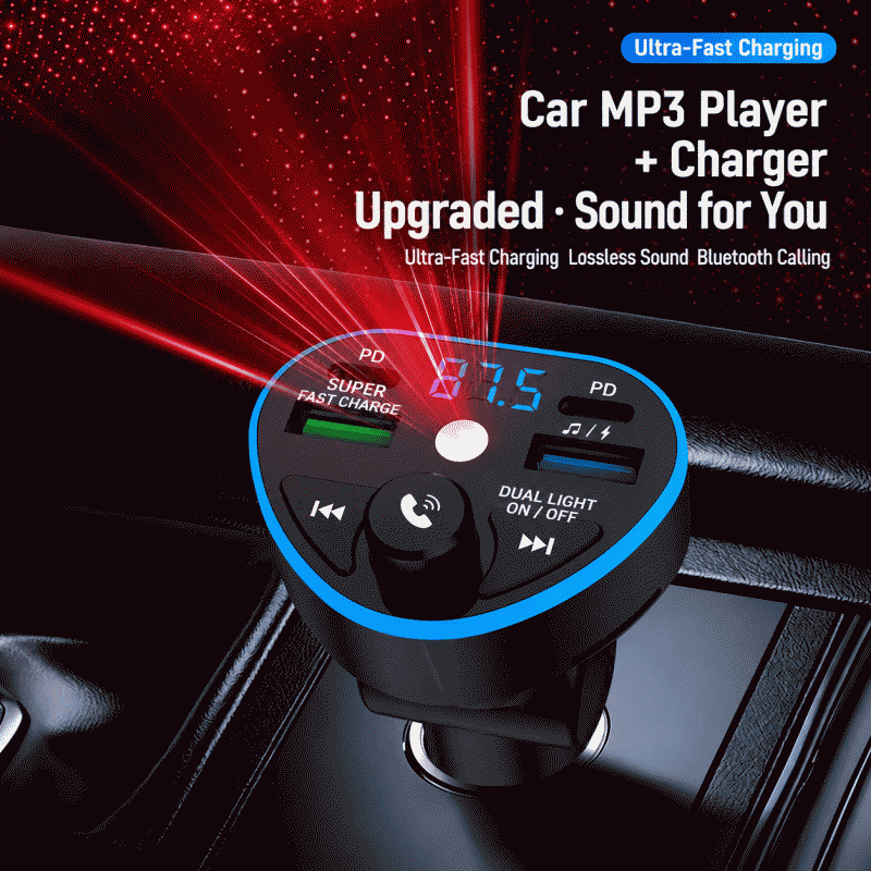 Car charger, super fast charging head, PD, Bluetooth, MP3 music player, starry sky light, hands-free phone