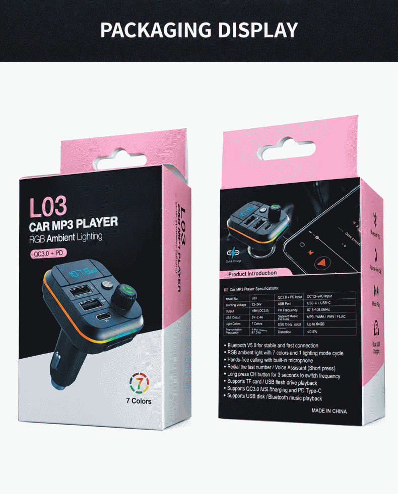 L03 car charger, fast charging, car cigarette lighter, Bluetooth, MP3 playback, digital display, PD car charger, fast charging, batch