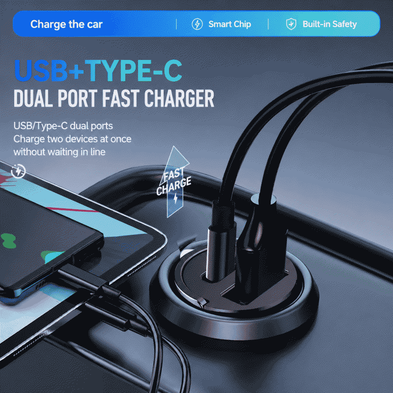 Invisible car charger, super fast charging, car cigarette lighter, one-to-two conversion plug, suitable for Huawei and Apple
