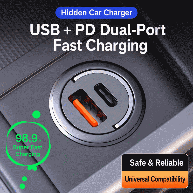 Invisible car charger, super fast charging, car cigarette lighter, one-to-two conversion plug, suitable for Huawei and Apple