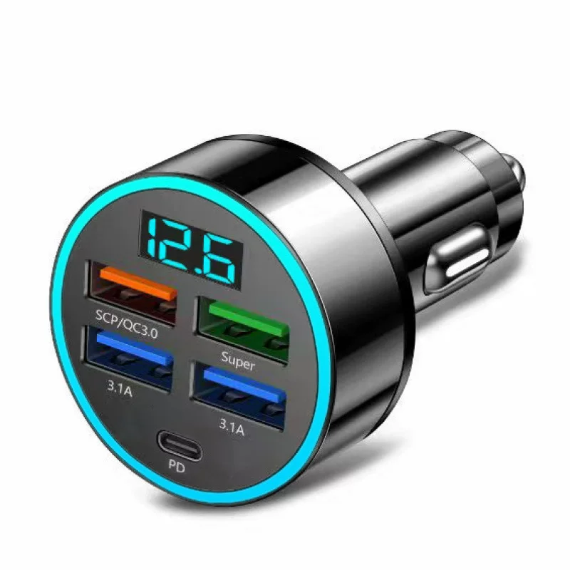 Cross-border 120w car charger, super fast charging, four-port with display pd, car charger, cigarette lighter