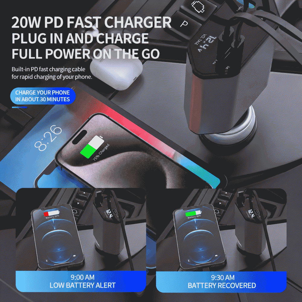 6A car charger, 120W super fast charging, multi-functional cigarette lighter, adapter, USB adapter, PD four-in-one