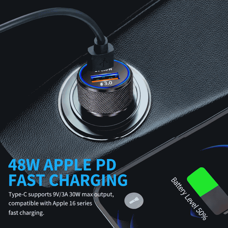 The car charger is super fast charging at 48W and fast charging at the same time. It is a special cigarette lighter for cars with a plug for car charging