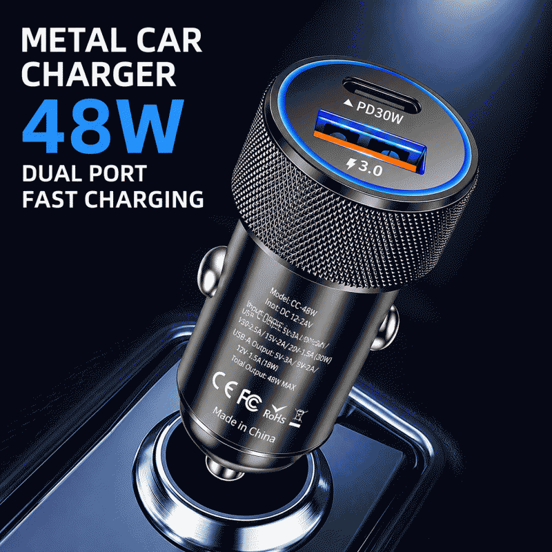 The car charger is super fast charging at 48W and fast charging at the same time. It is a special cigarette lighter for cars with a plug for car charging