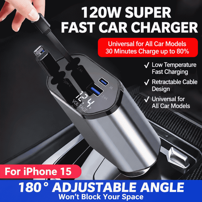 120W car charger, super fast charging, retractable, one-to-four flash charging, cigarette lighter, car compatible with iPhone 15 and Huawei