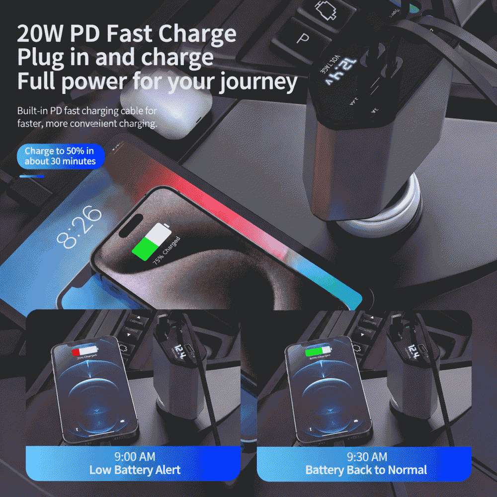 120W car charger, super fast charging, retractable, one-to-four flash charging, cigarette lighter, car compatible with iPhone 15 and Huawei