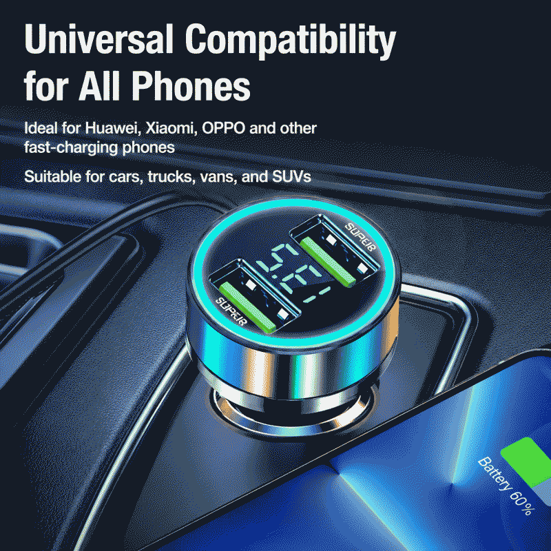 Car charger, super fast charging head, dual flash charging, 120W ultra-fast charging, digital display voltage measurement mobile phone charger