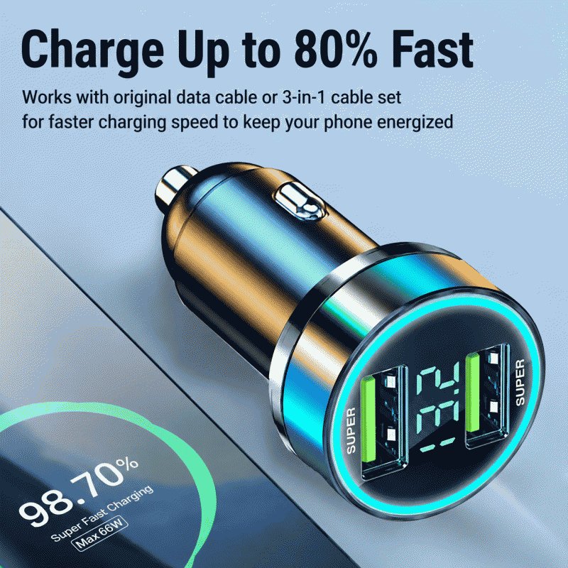 Car charger, super fast charging head, dual flash charging, 120W ultra-fast charging, digital display voltage measurement mobile phone charger