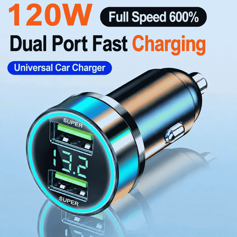 Car charger, super fast charging head, dual flash charging, 120W ultra-fast charging, digital display voltage measurement mobile phone charger