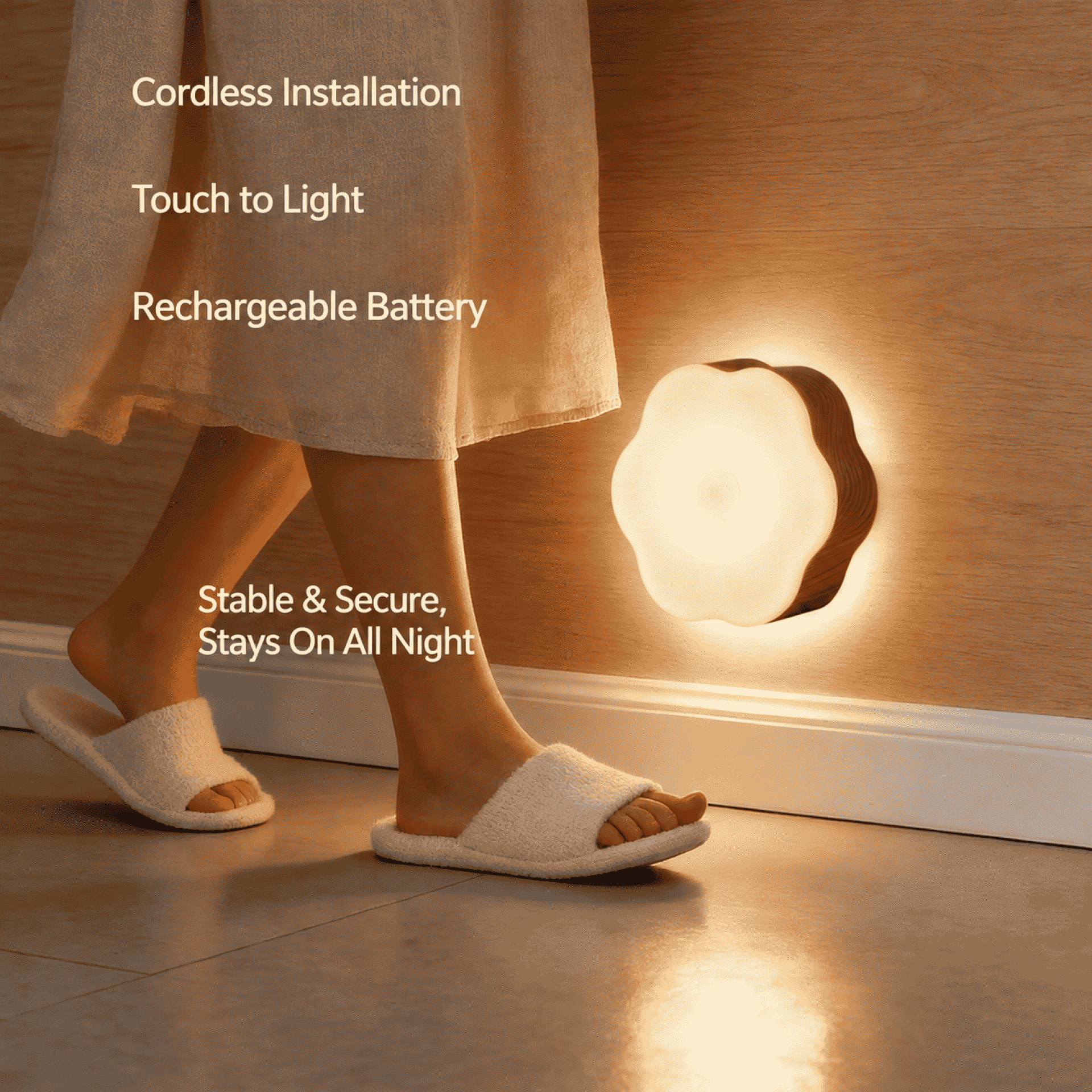 New LED smart nightlight, powered by dry batteries, with a press-to-touch feature and a wood-grain design, perfect for home decor