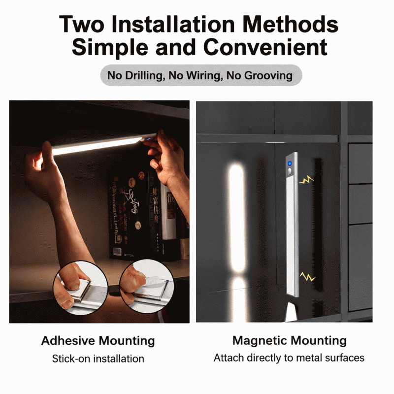 Specially designed for smart human-presence sensor lights, it lights up when people come and is a charging type with ultra-long battery life. It is a magnetic strip light for bookcases and wardrobes