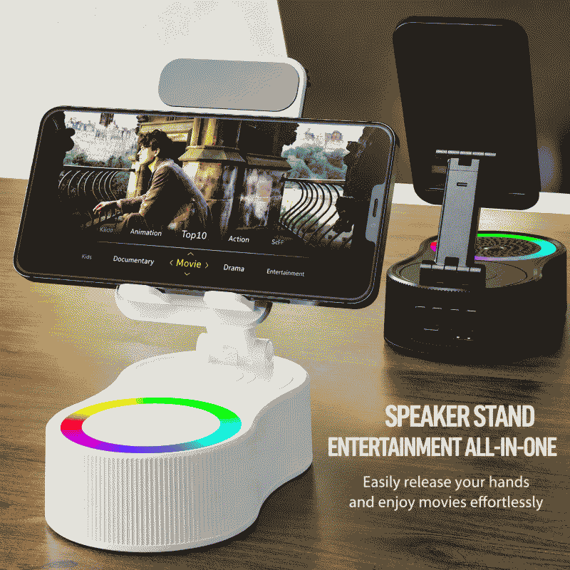 360-degree rotating soundbar, adjustable phone holder, power bank, Bluetooth speaker, mini portable ambient light