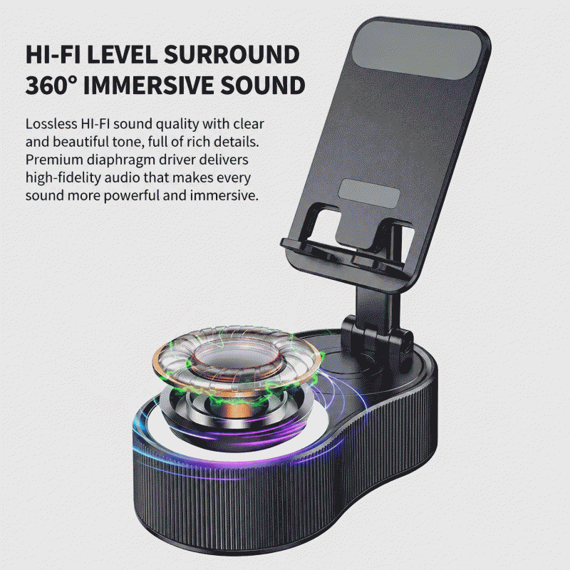 360-degree rotating soundbar, adjustable phone holder, power bank, Bluetooth speaker, mini portable ambient light