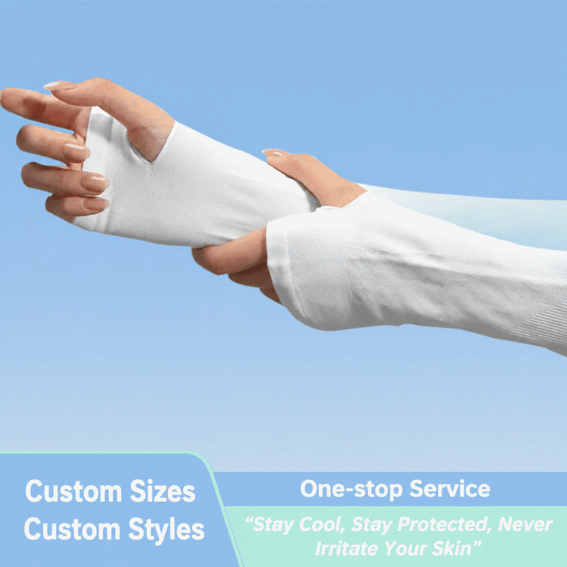 Summer outdoor sun protection sleeves with ice silk print patterns for swimming, cycling and fishing. Thin, breathable, gradient color finger and thumb designs are available