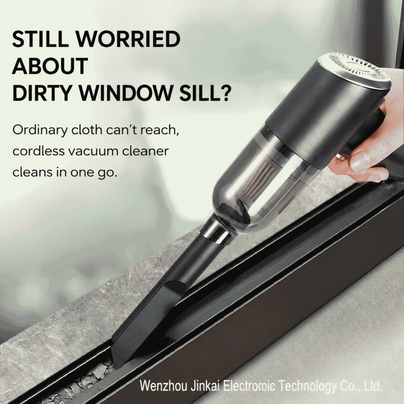Portable wireless, small handheld vacuum cleaner for car use, with USB charging and brush attachment