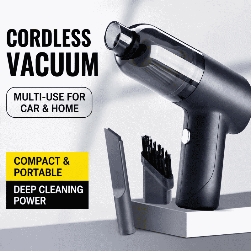 Portable wireless, small handheld vacuum cleaner for car use, with USB charging and brush attachment