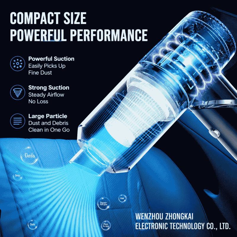 Portable wireless, small handheld vacuum cleaner for car use, with USB charging and brush attachment