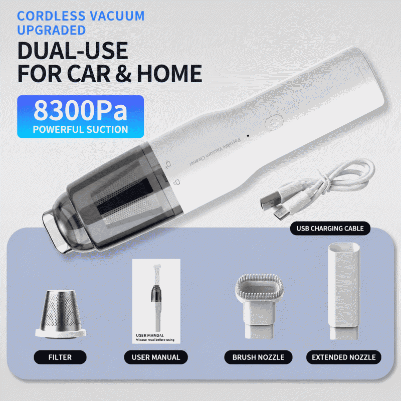 Car-mounted handheld vacuum cleaner with wireless charging, suitable for household use, featuring small size, strong suction power, and dual-purpose of blowing air, suitable for cars
