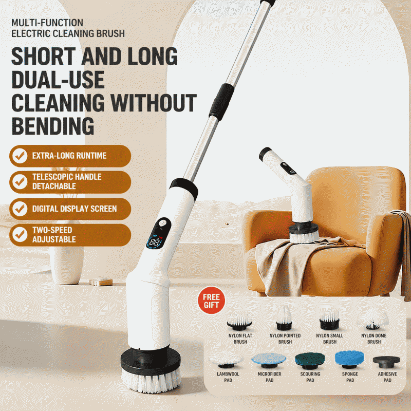 Digital display electric cleaning brush, 9-in-1 multi-functional household handheld wireless cleaning brush, retractable, suitable for both long and short use