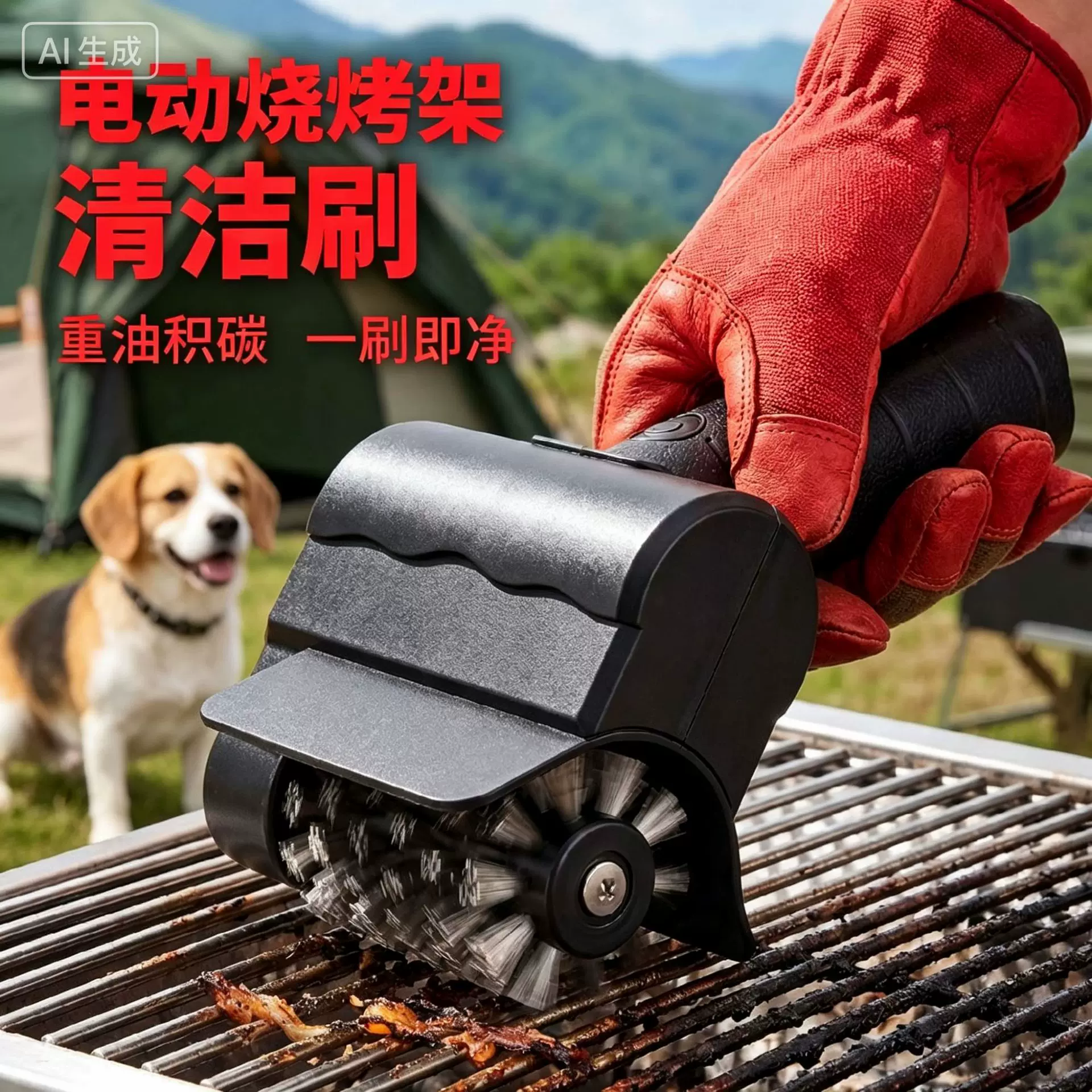 New steel wire electric barbecue brush cleaning brush, portable outdoor camping barbecue grill, handheld electric roller brush
