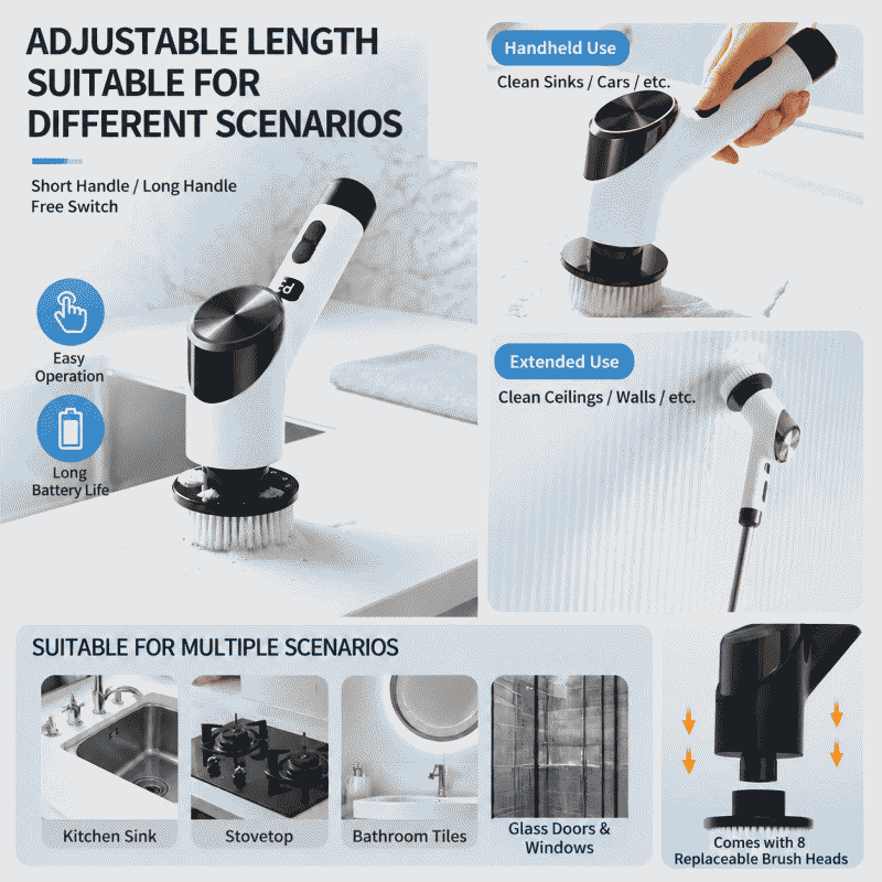 New cleaning brush, steel wire ball, multi-brush head, long handle, handheld cleaning tool for kitchen and bathroom, electric cleaning brush