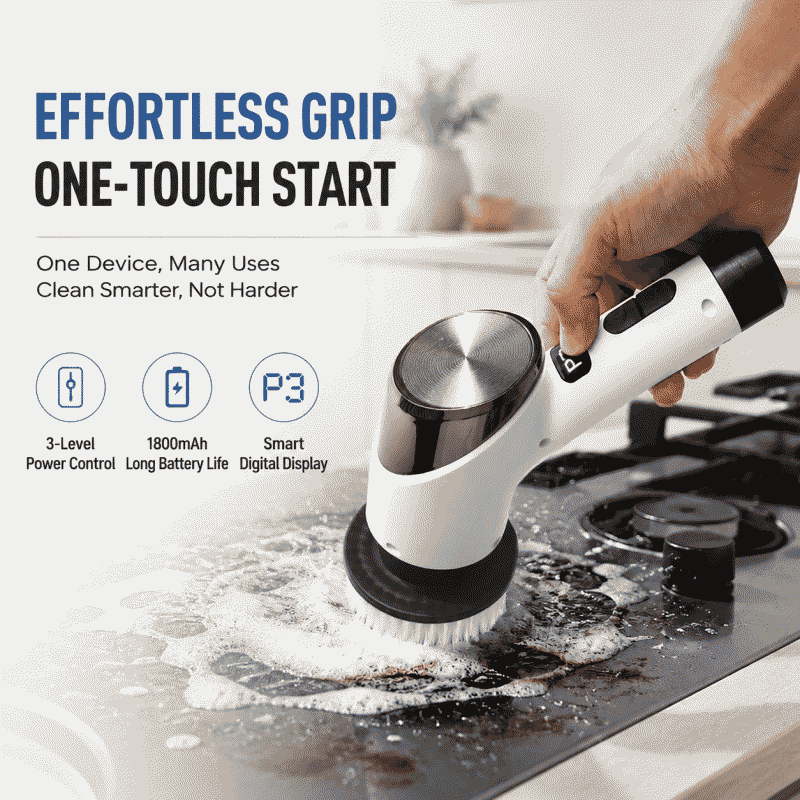 New cleaning brush, steel wire ball, multi-brush head, long handle, handheld cleaning tool for kitchen and bathroom, electric cleaning brush