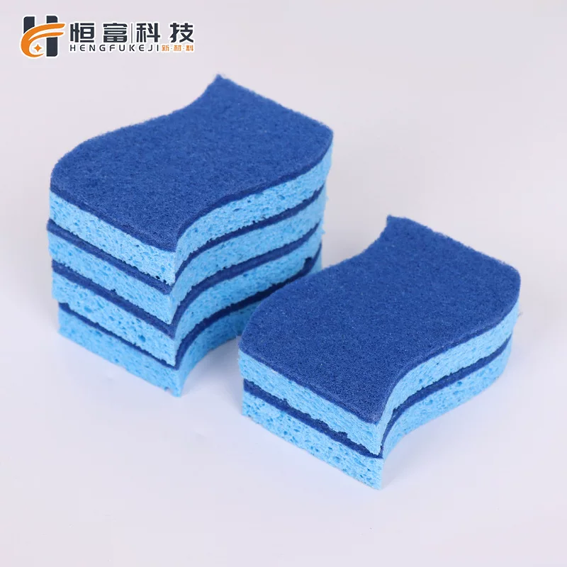 Cross-border S-shaped wood pulp cotton scouring pad, blue 2-layer dishwashing sponge, stain removal, water-absorbing and cleaning wood pulp sponge manufacturer