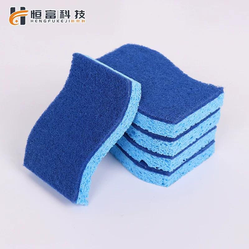 Cross-border S-shaped wood pulp cotton scouring pad, blue 2-layer dishwashing sponge, stain removal, water-absorbing and cleaning wood pulp sponge manufacturer