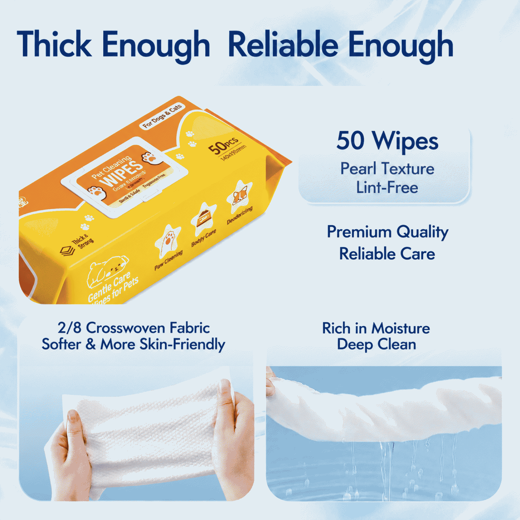 Pet wipes, disposable no-rinse cleaning products, specially designed for cats and dogs, for bathing and deodorizing