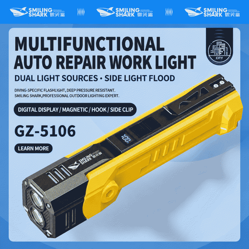 New outdoor lighting multi-function dual-light strip with hook, magnetic attachment flashlight, rotating head, with digital display for maintenance workers