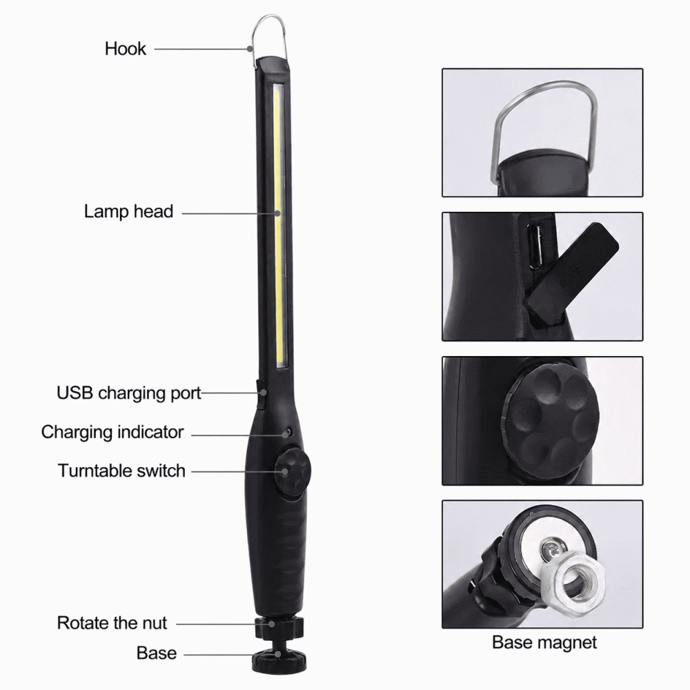 Magnetic COB work light, battery level display, car inspection light, charging strong light, handheld long strip work emergency light