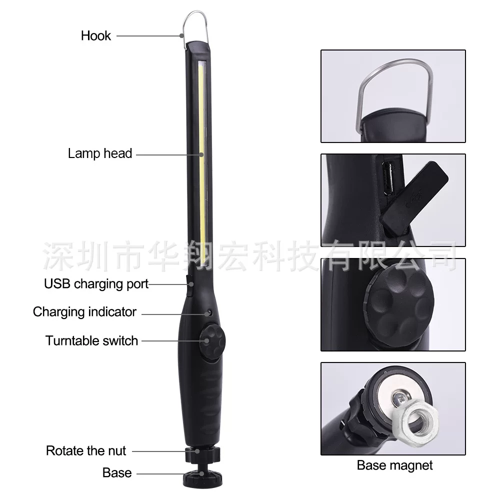 Magnetic COB work light, battery level display, car inspection light, charging strong light, handheld long strip work emergency light
