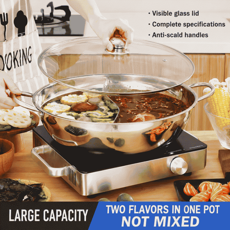 Yin-yang pot hot pot basin with lid thickened, yin-yang hot pot household stainless steel hot pot pot, induction cooker open flame special pot