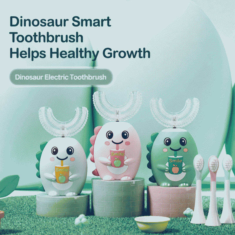 Children's U-shaped electric toothbrush with cartoon soft-bristled silicone brush head is hot-selling, cute and adorable, featuring a small dinosaur design