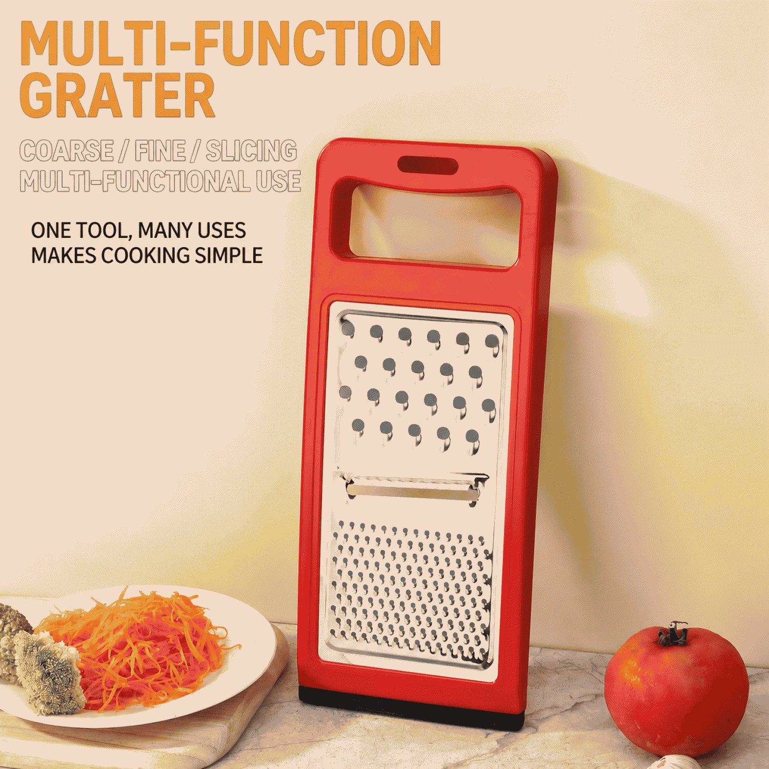 Anti-slip three-in-one stainless steel grater, flat grater, cheese grater, vegetable grater, cutting board, and slicer