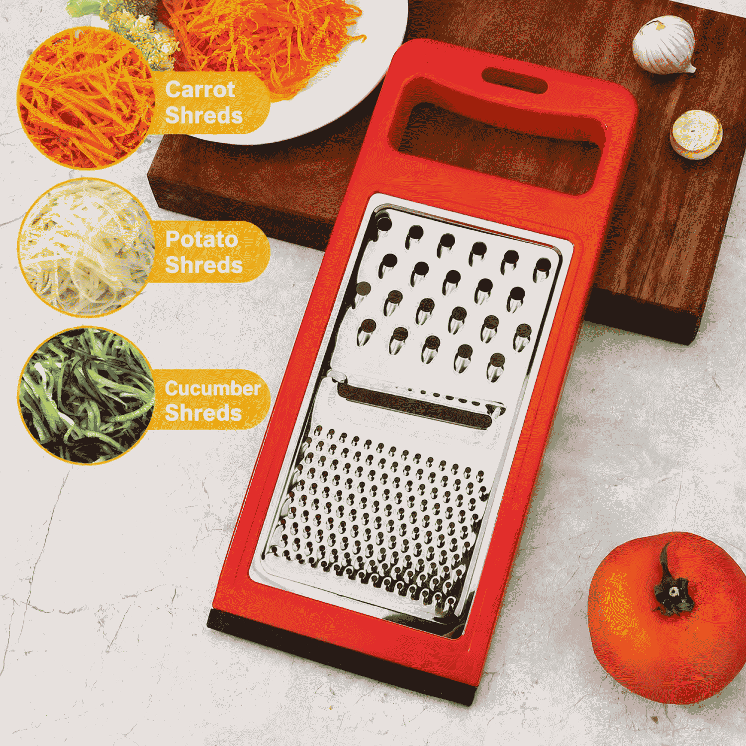 Anti-slip three-in-one stainless steel grater, flat grater, cheese grater, vegetable grater, cutting board, and slicer