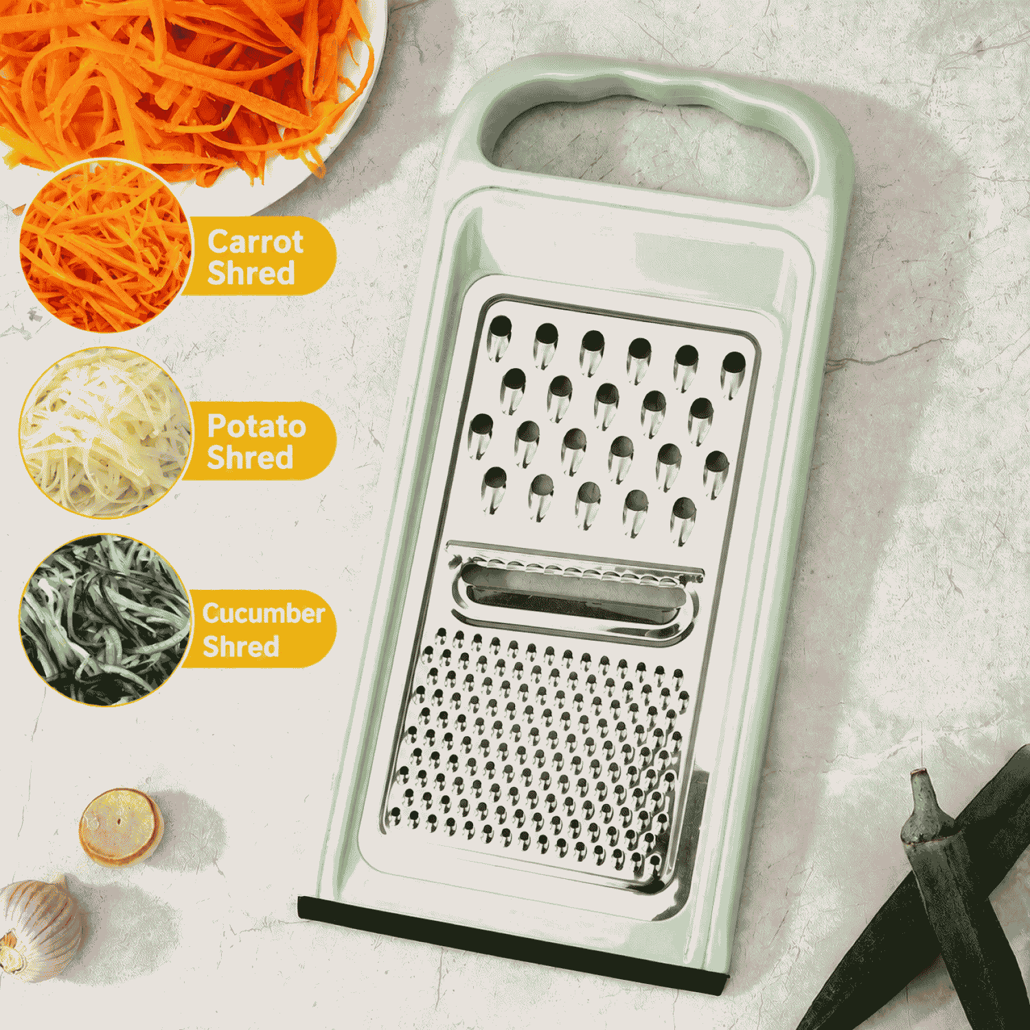 A versatile vegetable slicer and shredder, perfect for household use, featuring a three-in-one design, including a cucumber shredder and slicer