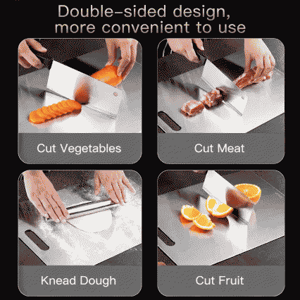 Stainless steel cutting board, double-sided, with rounded edges, suitable for household use, also suitable for kneading and rolling dough, with hanging holes