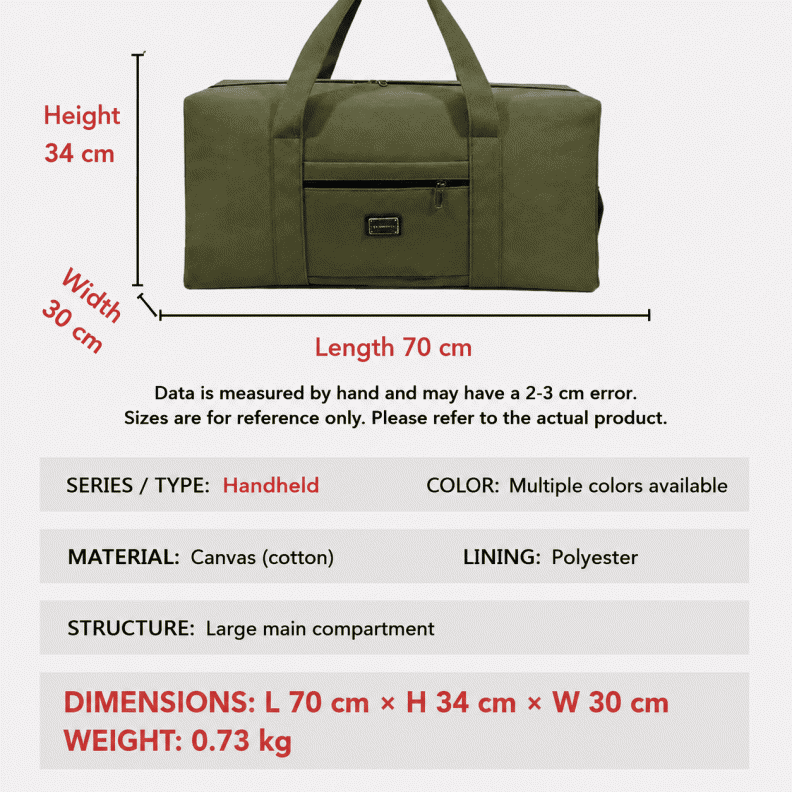 Canvas handbag, extra-large outdoor travel bag, durable luggage bag, single-shoulder cross-body travel bag, lightweight